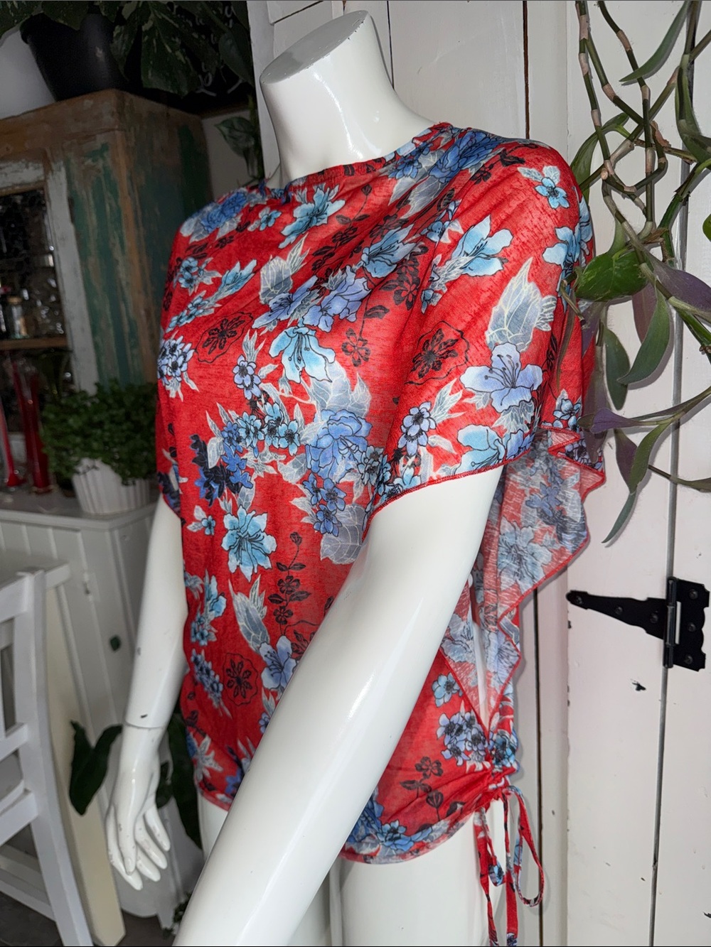Suzy Shier Red Floral Sheer Blouse with Blue Flowers and built in tank top NWOT